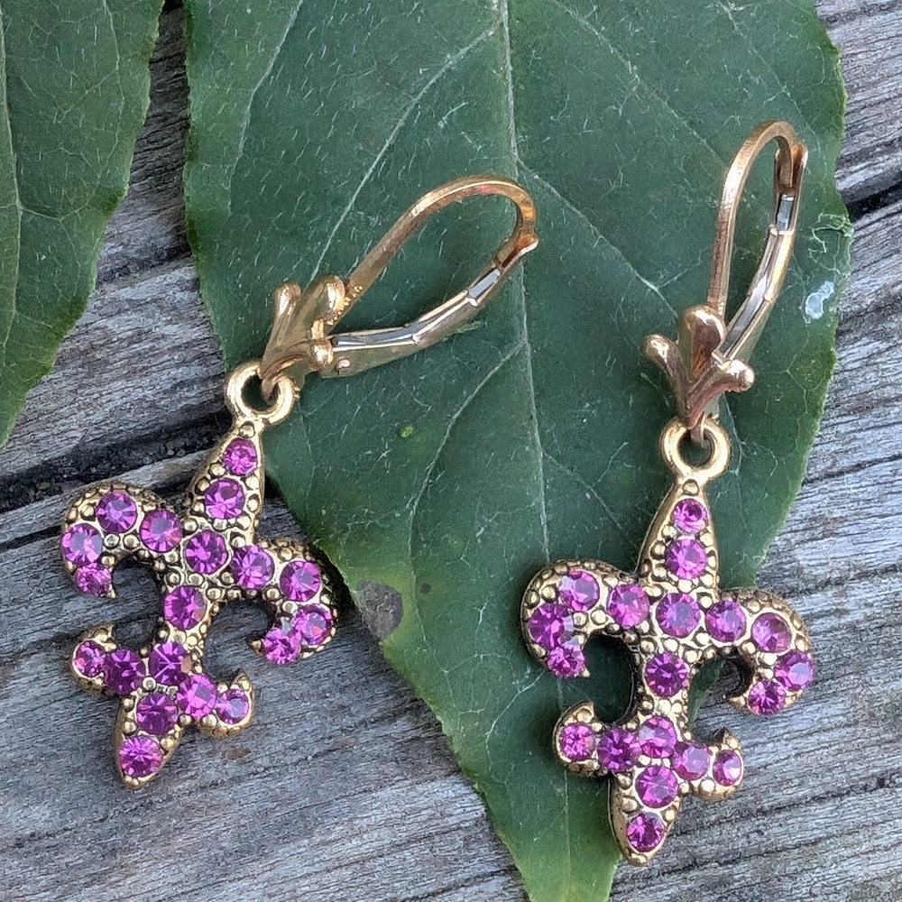 Swarovski Crystal Pink 14k Gf Fleur De Lis Earrings
